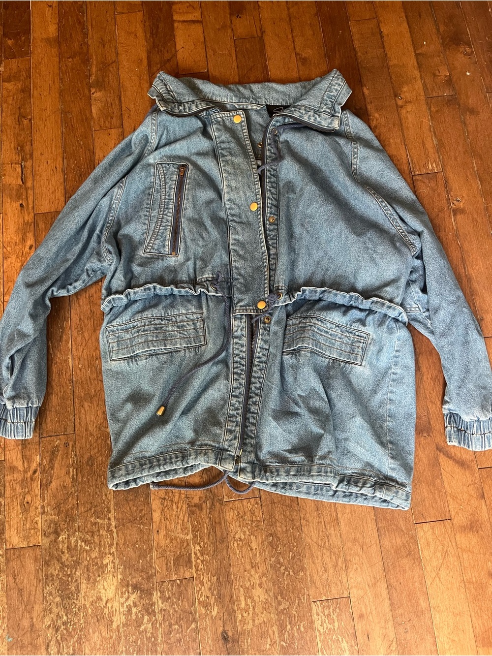 Classic Light Blue Denim Jean Jacket with Drawstring Waist